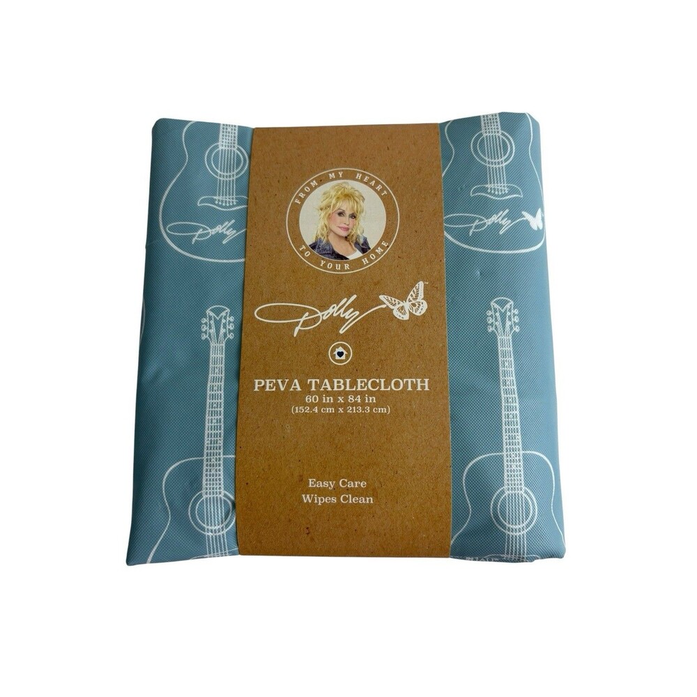 Dolly Parton Peva Tablecloth 60" x 84" Easy Care Wipes Clean Blue Guitar Design